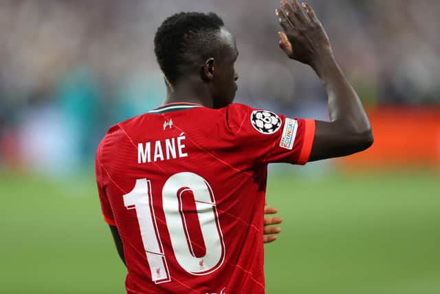 Sadio Mane waves at Liverpool fans after the Champions League final loss to Real Madrid.