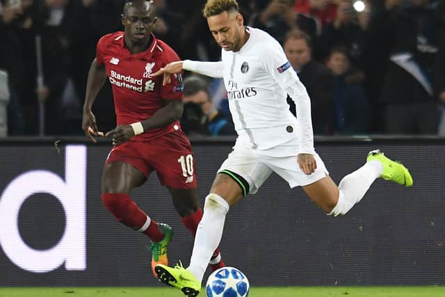 ANCE - NOVEMBER 28: (THE SUNOUT,THE SUN ON SUNDAY) Sadio Mane of Liverpool with Neymar of Paris Saint-Germain during the Group C match of the UEFA Champions League between Paris Saint-Germain and Liverpool at Parc des Princes on November 28, 2018 in Paris, France. (Photo by Nick Taylor/Liverpool FC via Getty Images)
