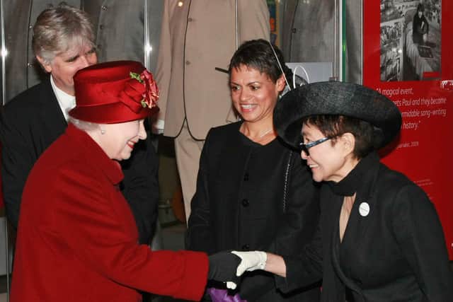 Queen Elizabeth II meets Yoko Ono during a visit to the Museum of Liverpool. The Queen and the Prince Philip, Duke of Edinburgh will also be visiting New Brighton’s Floral Pavilion.