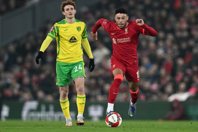 Alex Oxlade-Chamberlain in action for Liverpool against Norwich City. Picture: PAUL ELLIS/AFP via Getty Images
