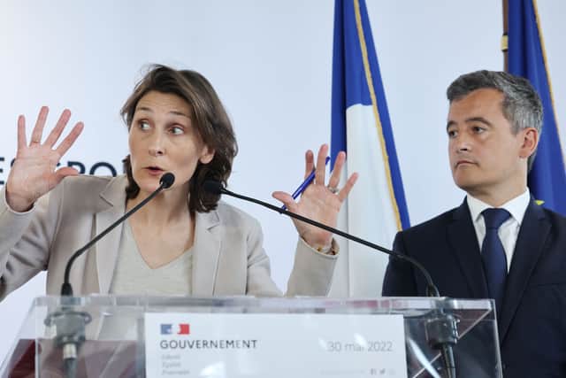 French Sports Minister Amelie Oudea-Castera gestures next to French Interior Minister Gerald Darmanin. Image: THOMAS COEX/AFP via Getty Images
