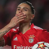 Darwin Nunez celebrates  scoring for Benfica against Liverpool. Picture: CARLOS COSTA/AFP via Getty Images