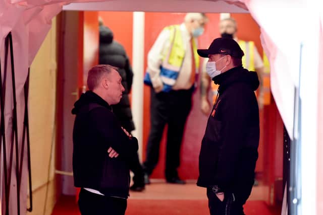 Liverpool boss Jurgen Klopp chats with Nottingham Forest counterpart Steve Cooper. Picture: Andrew Powell/Liverpool FC via Getty Images