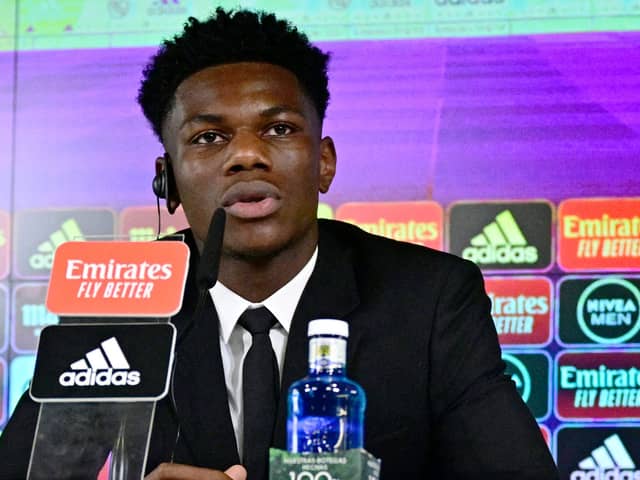Aurelien Tchouameni speaks at a press conference after joining Real Madrid. Picture: JAVIER SORIANO/AFP via Getty Images