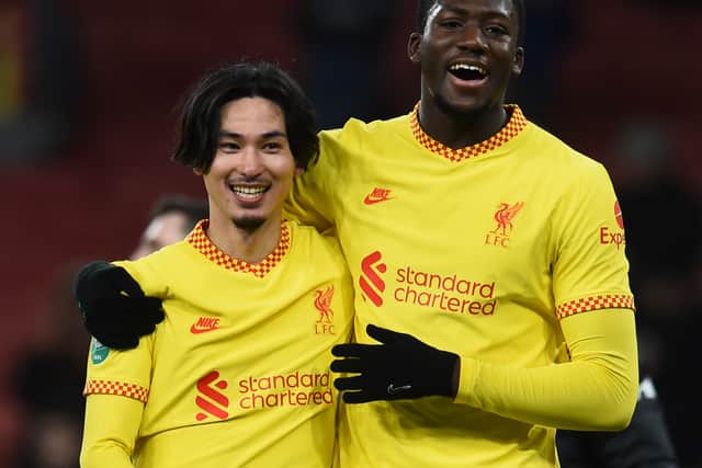 Liverpool purchased Takumi Minamino, left, and Ibou Konate from RB Salzburg and RB Leipzig respectively. Picture: Andrew Powell/Liverpool FC via Getty Images