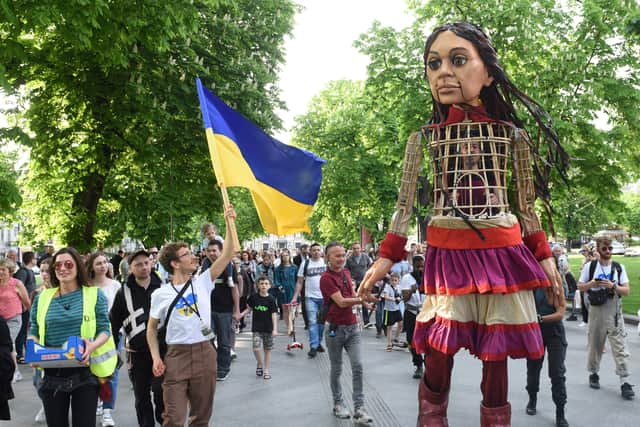 The giant puppet recently visited Lviv in Ukraine as she is an embodiment of the millions of children that have lost their homes and families to the conflict with Russia