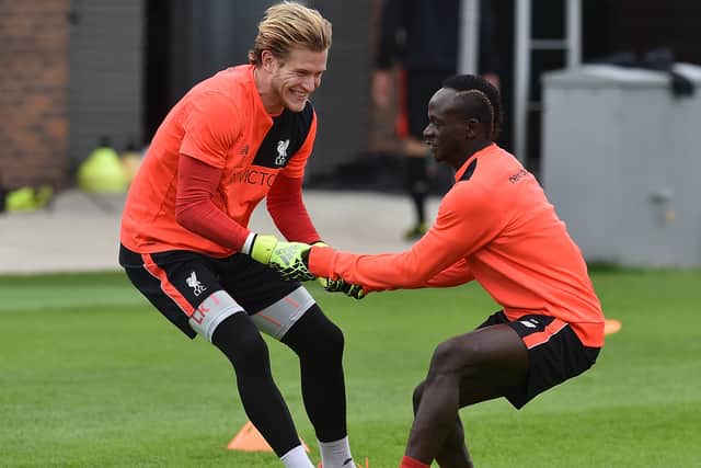 Loris Karus and Sadio Mane during Liverpool training. Picture: Andrew Powell/Liverpool FC via Getty Images