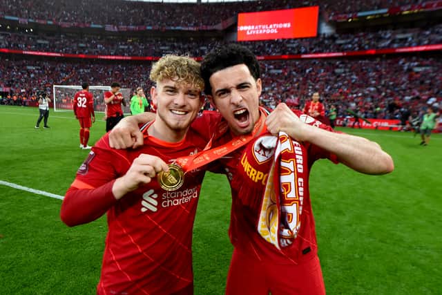 Harvey Elliott and Curtis Jones celebrate Liverpool’s FA Cup triumph at Wembley. Picture: Andrew Powell/Liverpool FC via Getty Images
