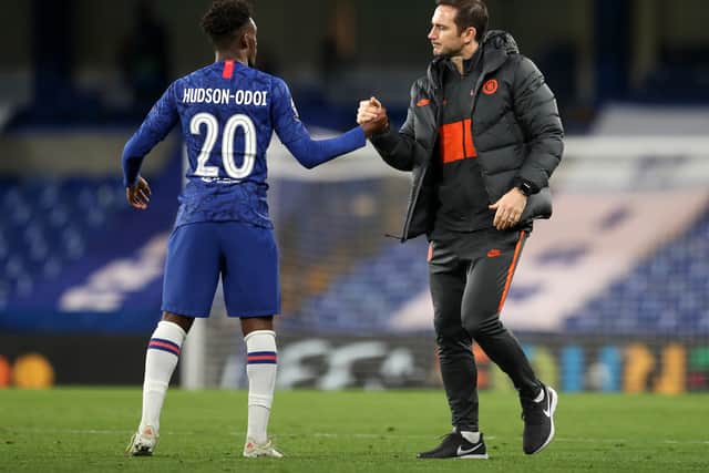 Frank Lampard embraces Chelsea winger Callum Hudson-Odoi. Picture: Catherine Ivill/Getty Images
