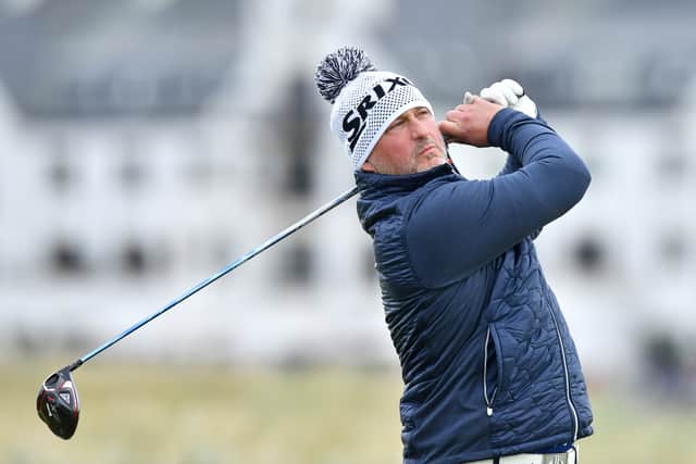 Former cricketer Darren Gough plays a shot during Day Two of The Alfred Dunhill Links Championship at Carnoustie Links on October 01, 2021 in Carnoustie, Scotland. (Photo by Mark Runnacles/Getty Images)