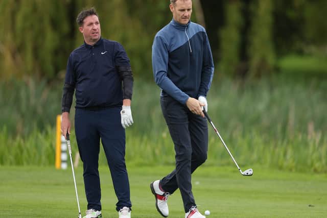 Former Footballer Robbie Fowler and TV Presenter Dan Walker during the Pro Am ahead of the Betfred British Masters hosted by Danny Willett at The Belfry on May 04, 2022 in Sutton Coldfield, England. (Photo by Richard Heathcote/Getty Images)