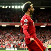 Mo Salah celebrates scoring for Liverpool in front of the fans at Anfield. Picture: Andrew Powell/Liverpool FC via Getty Images