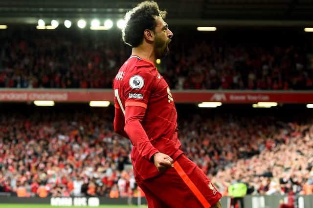 Mo Salah celebrates scoring for Liverpool in front of the fans at Anfield. Picture: Andrew Powell/Liverpool FC via Getty Images