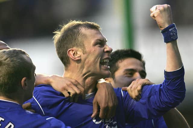 Duncan Ferguson celebrates scoring for Everton. Picture: Michael Steele/Getty Images