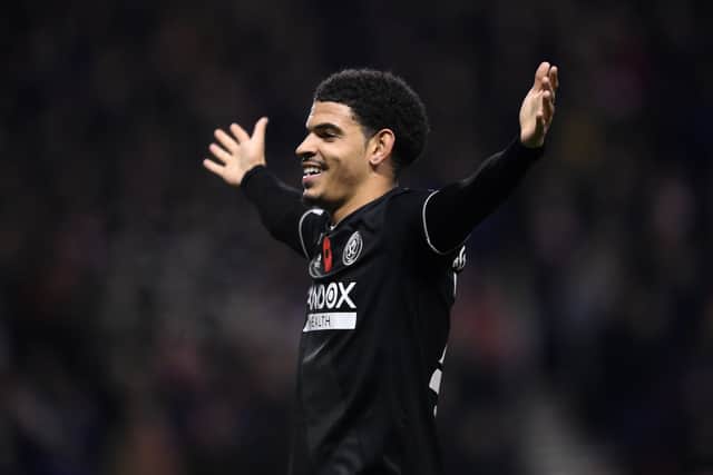 Morgan Gibbs-White celebrates scoring for Sheffield United. Picture: Laurence Griffiths/Getty Images
