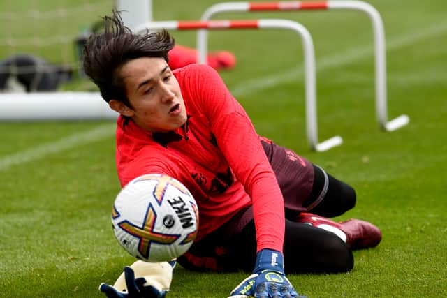 Marcelo Pitaluga makes a save during Liverpool training. Picture:  Andrew Powell/Liverpool FC via Getty Images