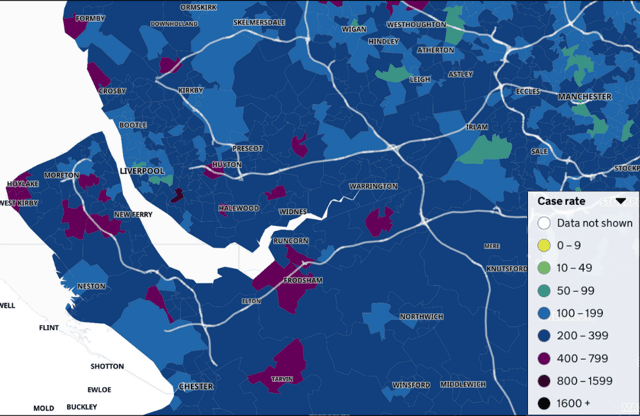 Liverpool City Region: case rate per 100,000 people for 7–day period ending on 1 July 2022. Image: gov.uk