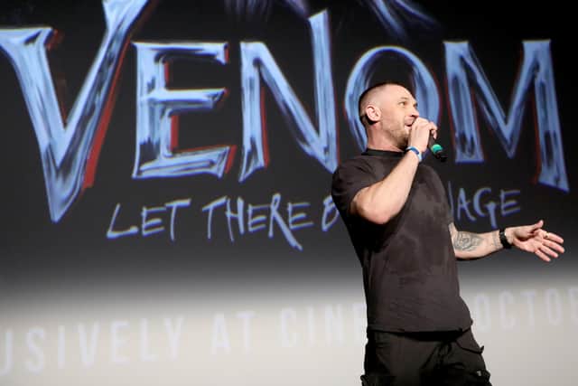 Tom Hardy on stage at the fan screening of Venom: Let There Be Carnage. Image: Photo by Tristan Fewings/Getty Images for Sony