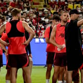 Jurgen Klopp speaks to his Liverpool players during training in Thailand. Picture: Andrew Powell/Liverpool FC via Getty Images