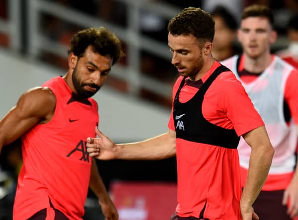 Diogo Jota in action against Mo Salah during Liverpool training. Picture: Andrew Powell/Liverpool FC via Getty Images