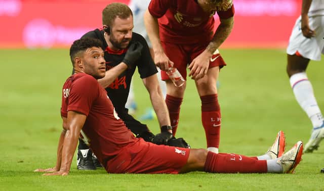 Alex Oxlade-Chamberlain limped off injured in Liverpool’s friendly win over Crystal Palace. Picture: Andrew Powell/Liverpool FC via Getty Images