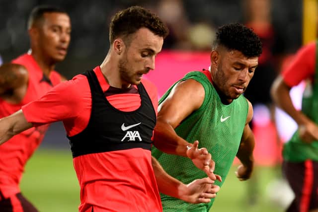 Diogo Jota and Alex Oxlade-Chamberlain during Liverpool training. Picture: Andrew Powell/Liverpool FC via Getty Images