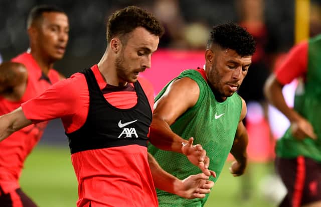 Diogo Jota and Alex Oxlade-Chamberlain during Liverpool training. Picture: Andrew Powell/Liverpool FC via Getty Images