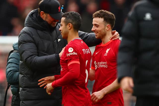 Jurgen Klopp with Liverpool pair Thiago Alcantara and Diogo Jota. Picture: Clive Brunskill/Getty Images