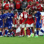 Everton shake hands after their pre-season loss to Arsenal. Picture: Rob Carr/Getty Images
