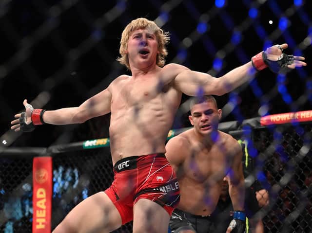 Paddy Pimblett celebrates defeating Kazula Vargas during UFC Fight Night.  Photo: Justin Setterfield/Getty Images