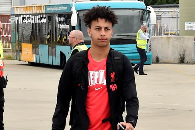 Kaide Gordon of Liverpool departing for pre season training camp at Liverpool John Lennon Airport on July 21, 2022 in Liverpool, England. (Photo by Andrew Powell/Liverpool FC via Getty Images)