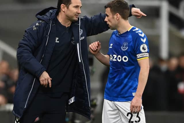 Frank Lampard speaks with Everton captain Seamus Coleman. Picture: tu Forster/Getty Images