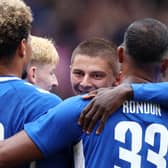 Vitaliy Mykolenko of Everton celebrates with teammates after scoring their side's first goal during the Pre-Season Friendly match between Blackpool and Everton at Bloomfield Road on July 24, 2022 in Blackpool, England. (Photo by George Wood/Getty Images)