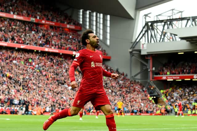 Mo Salah celebrates scoring for Liverpool. Picture: Andrew Powell/Liverpool FC via Getty Images