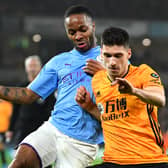 Ruben Vinagre battles Man City’s Raheem Sterling for the ball during his Wolves days. Picture: Clive Mason/Getty Images
