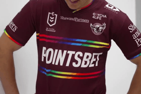 Manly Warringah Sea Eagles Pride shirt was unveiled on their social media channels on Monday. Image: Manly Sea Eagles