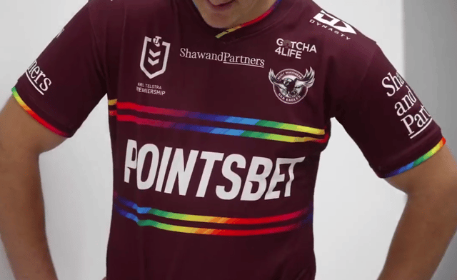 <p>Manly Warringah Sea Eagles Pride shirt was unveiled on their social media channels on Monday. Image: Manly Sea Eagles</p>