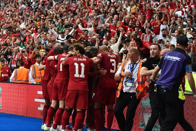 Liverpool celebrate after Darwin Nunez’s goal in the Community Shield. Picture: Andrew Powell/Liverpool FC via Getty Images
