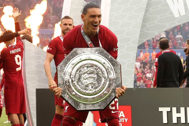 Darwin Nunez celebrates with the Community Shield. Picture: Marc Atkins/Getty Images