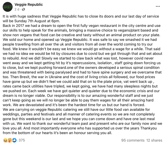 Veggie Republic announces closure via Facebook.