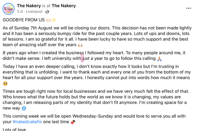 The Nakery announces closure via Facebook.