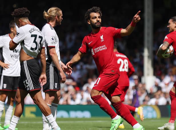 <p>Mo Salah celebrates scoring for Liverpool against Fulham. Picture: Julian Finney/Getty Images</p>