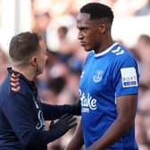 Yerry Mina came off injured in Everton’s loss to Chelsea. Picture: Catherine Ivill/Getty Images