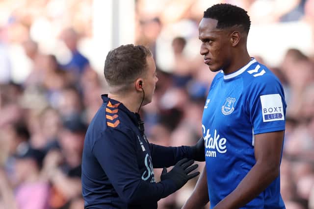Yerry Mina came off injured in Everton’s loss to Chelsea. Picture: Catherine Ivill/Getty Images