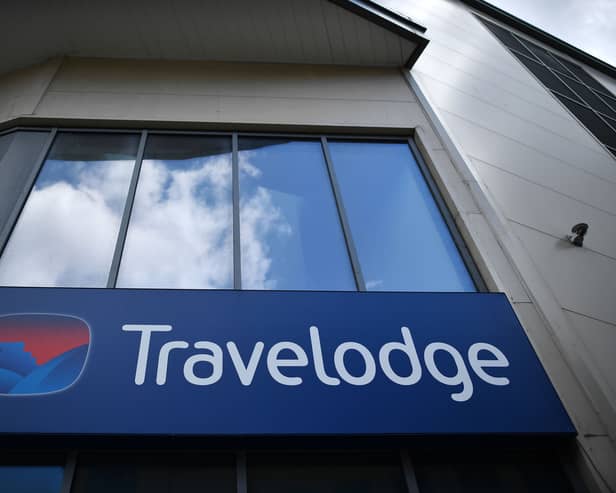 Signage on a Travelodge hotel is pictured in Redhill, south-east of London