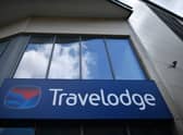 Signage on a Travelodge hotel is pictured in Redhill, south-east of London