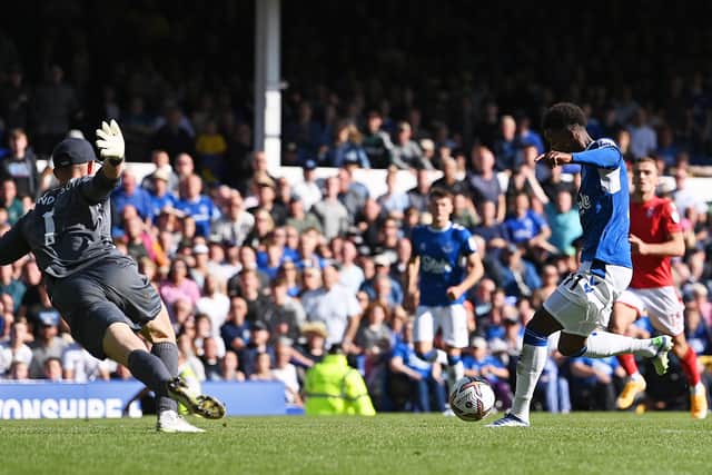 Demarai Gray scores Everton’s equaliser past Dean Henderson. Photo: Stu Forster/Getty Images