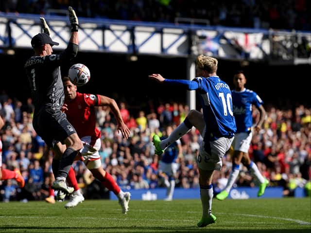 Everton’s Anthony Gordon misses a chance against Nottingham Forest. Photo: Stu Forster/Getty Images
