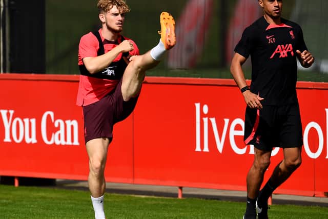 Harvey Elliott trains away from the rest of his Liverpool team-mates. Picture: Andrew Powell/Liverpool FC via Getty Images