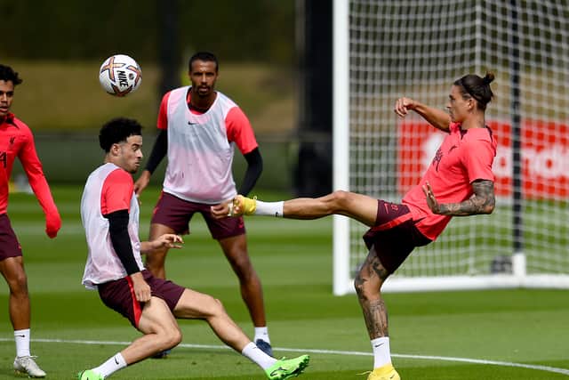 Curtis Jones and Joel Matip trained with Liverpool on Monday. Picture: Andrew Powell/Liverpool FC via Getty Images